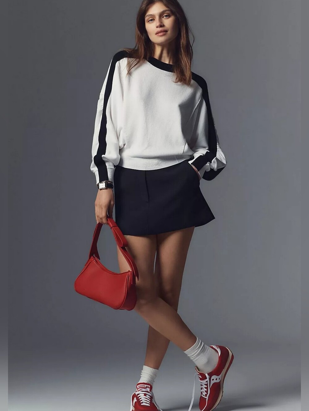 Maeve Doleman Sleeve Crew Neck Block Women's Black & White Colorblock Sweater